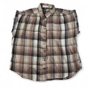 Eddie Bauer Women’s Brown Plaid Sleeveless Button-Up Shirt | Size Medium